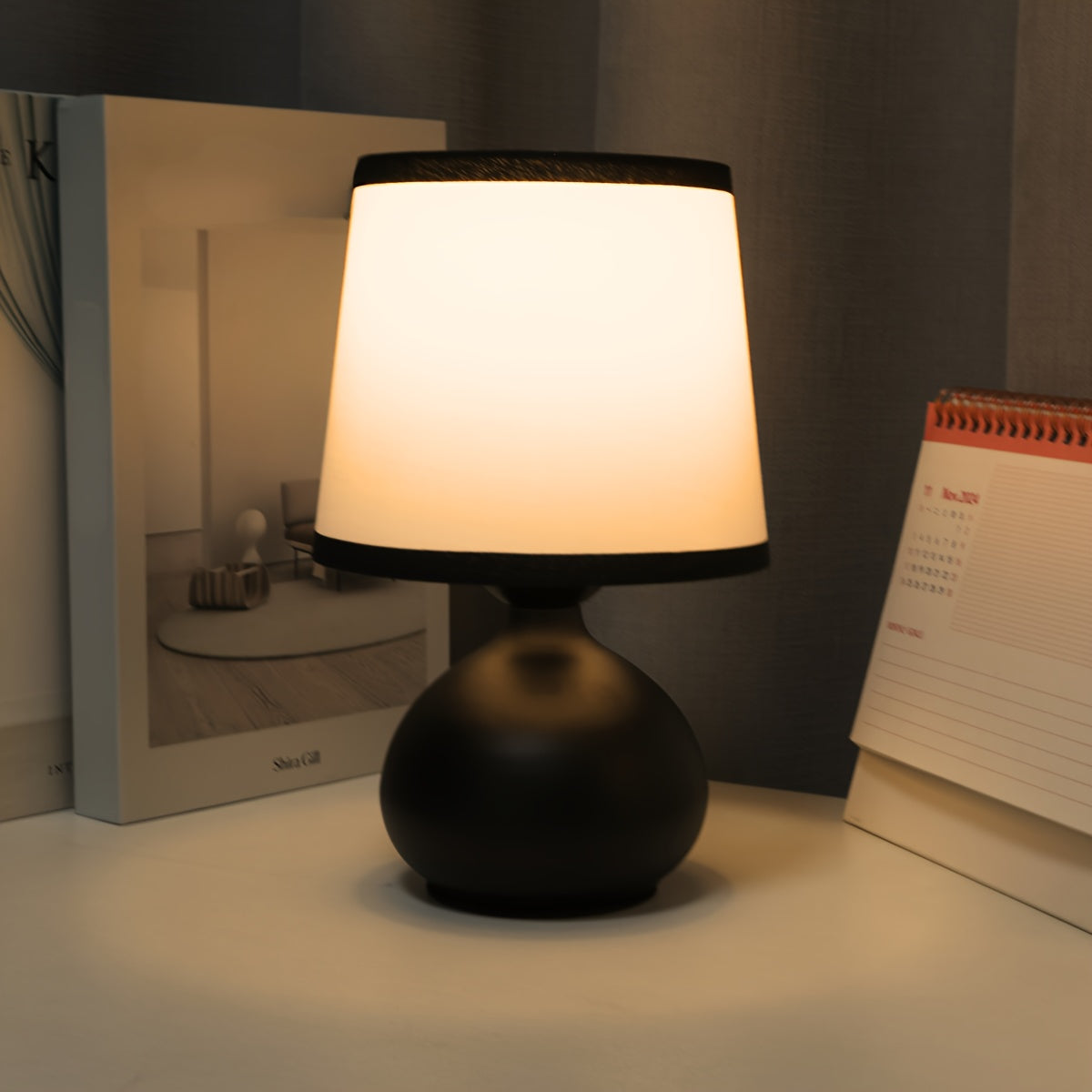 Modern table lamp with black base for desk, nightstand or side table