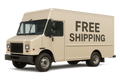 Maak een ultra realistische afbeelding van een mooie beige vrachtwagen waar free shipping op staat. De afbeelding mag geen achtergrond hebben (PNG)